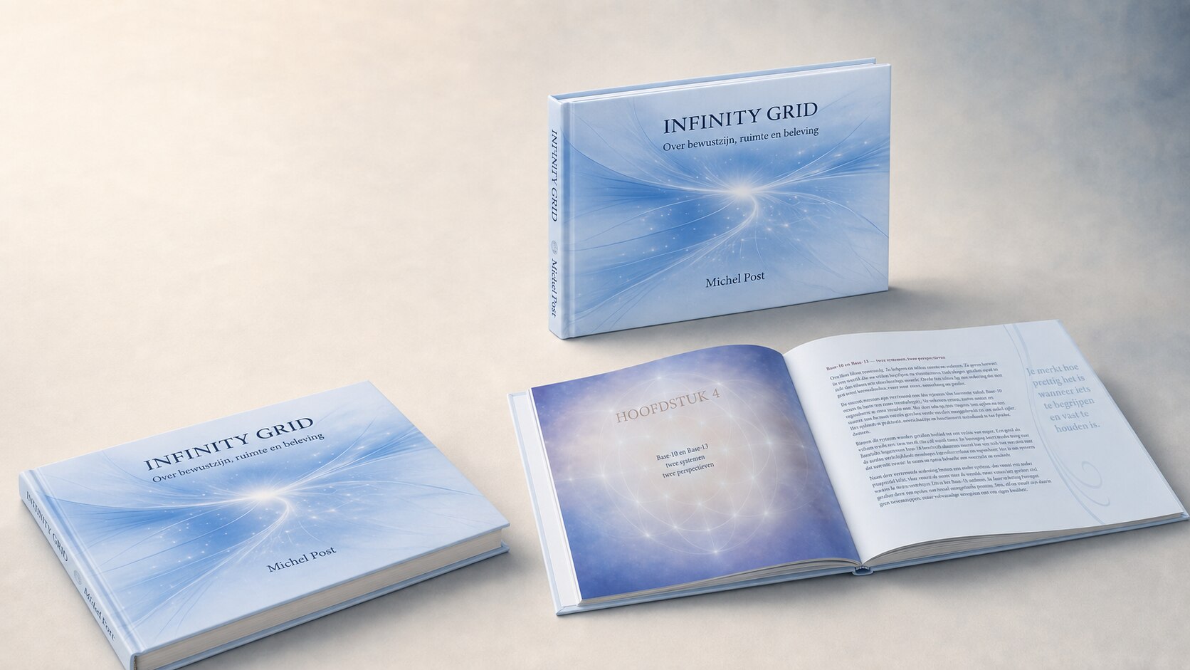 Infinity Grid — het boek, staand, liggend en geopend