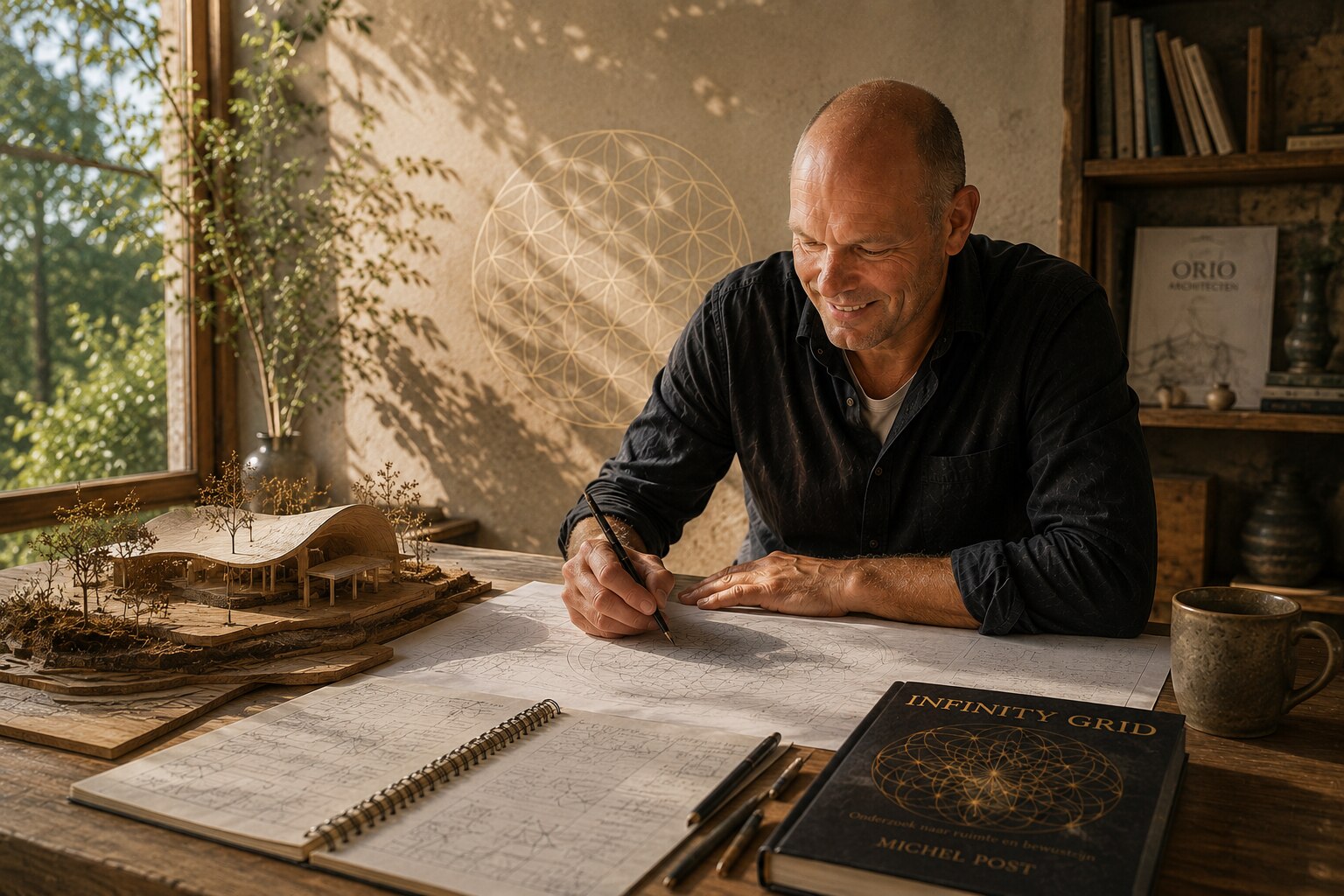 Michel Post, tekenend aan een ontwerp